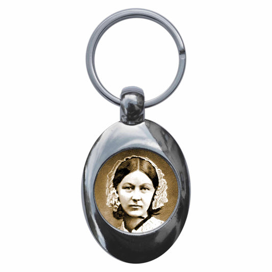 A picture of the front of the product, titled Florence Nighingale Metal Keyring With Trolley Coin