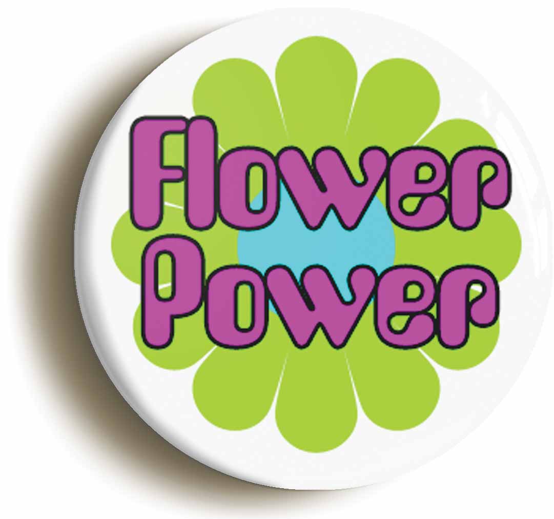 A picture of the front of the product, titled Sixties Hippie Flower Power Button Pin Badge
