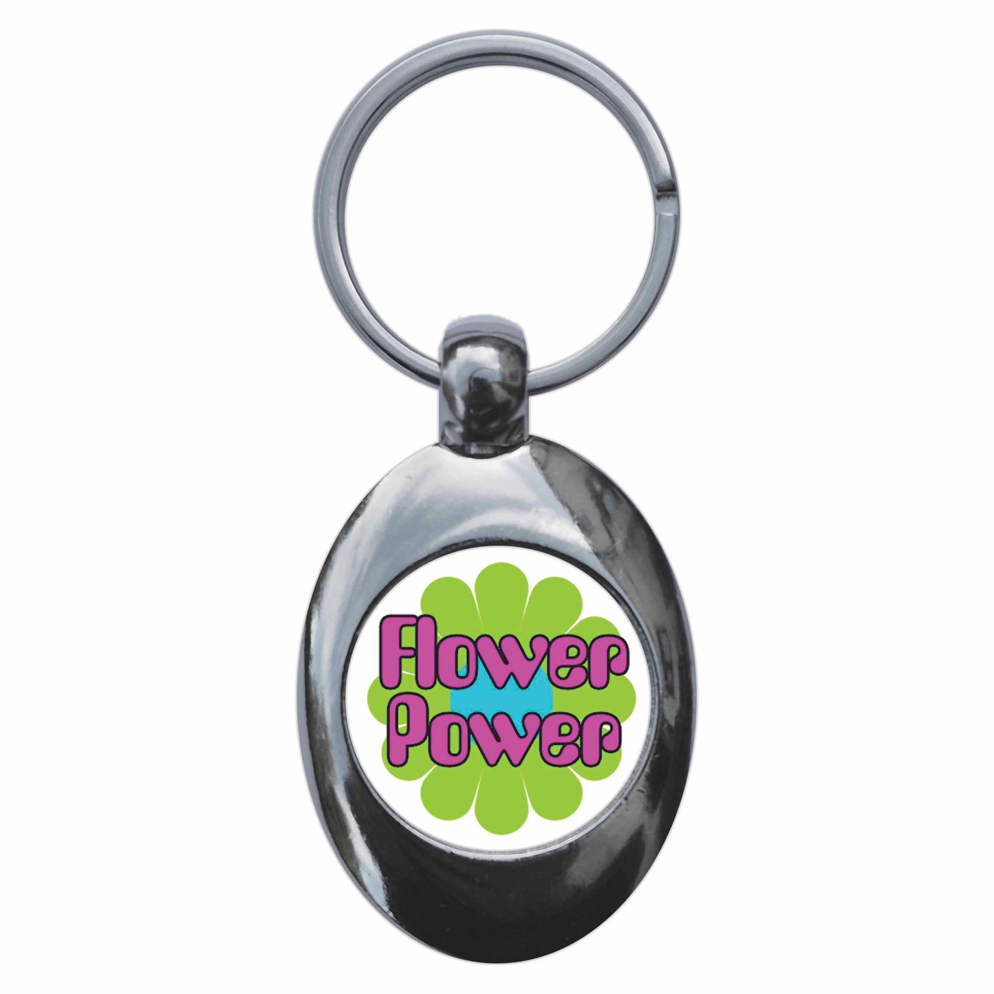 A picture of the front of the product, titled Flower Power Metal Keyring With Trolley Coin