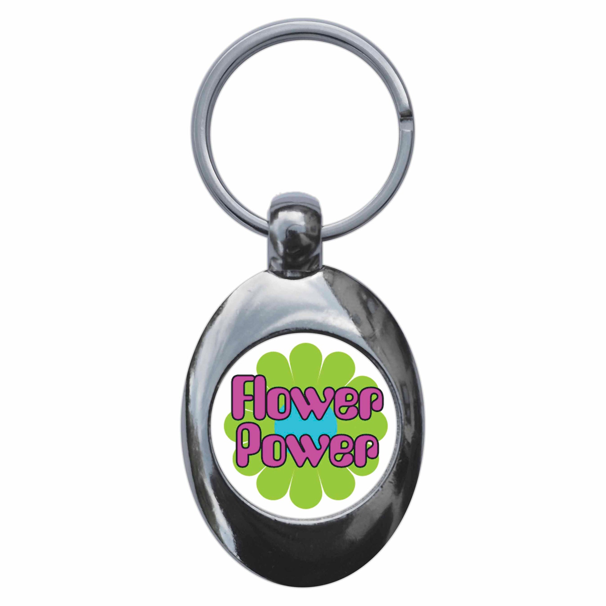 A picture of the front of the product, titled Flower Power Metal Keyring With Trolley Coin