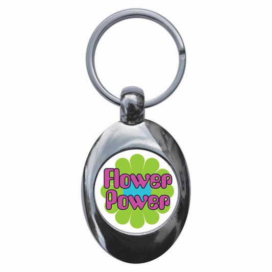 A picture of the front of the product, titled Flower Power Metal Keyring With Trolley Coin