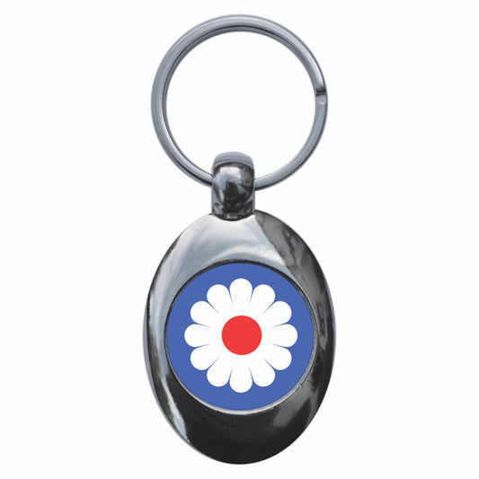 A picture of the front of the product, titled Flower Target Roundel Mod Metal Keyring With Trolley Coin