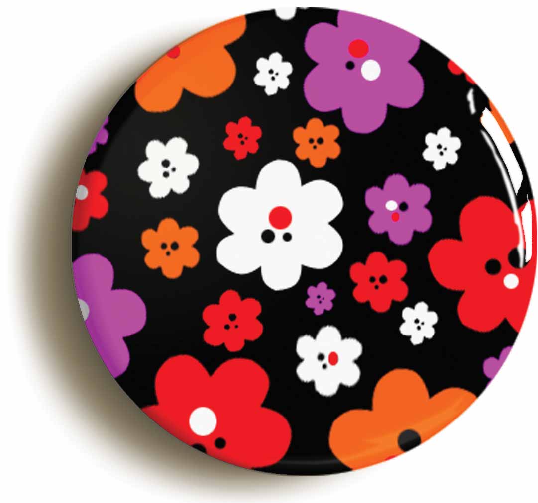 A picture of the front of the product, titled Flower Pattern Retro Hippie Sixties 1960s Button Pin Badge