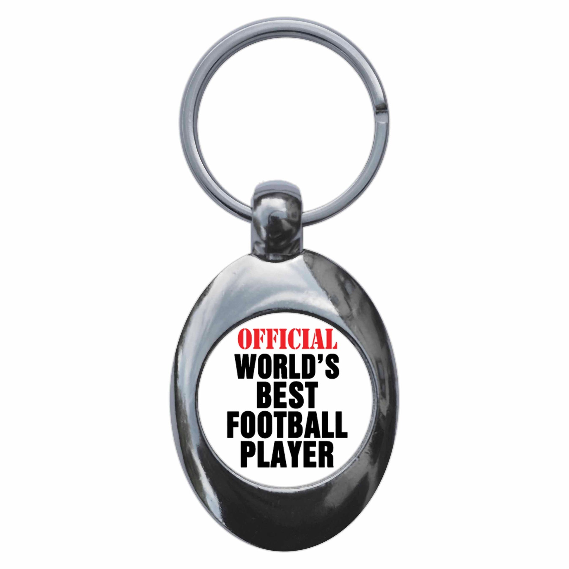 A picture of the front of the product, titled Official World's Best Football Player Metal Keyring With Trolley Coin