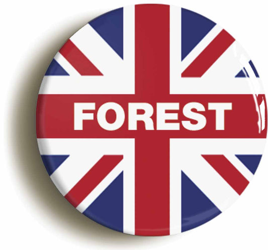 A picture of the front of the product, titled Forest Union Jack Button Pin Badge