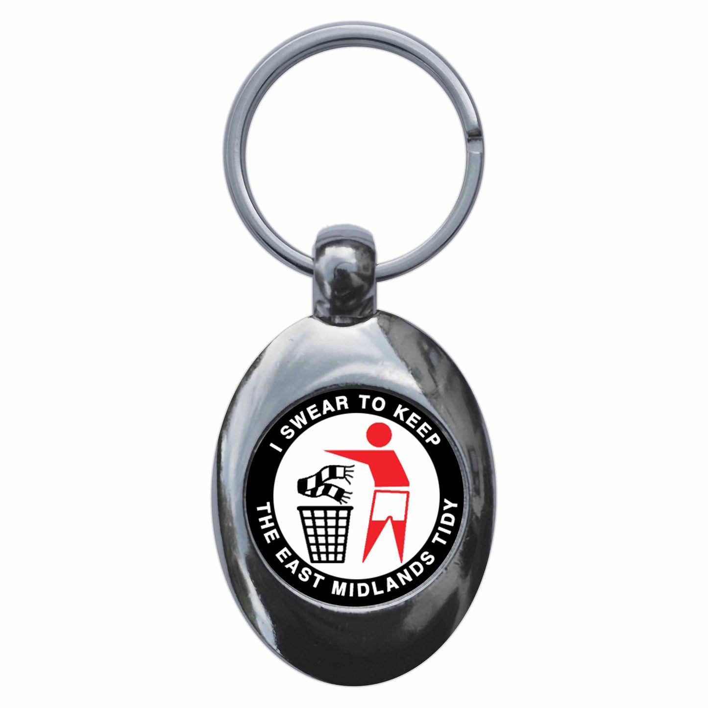A picture of the front of the product, titled I Swear To Keep The East Midlands - N Metal Keyring With Trolley Coin