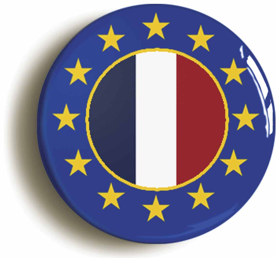 A picture of the front of the product, titled France European Union Split Flag Button Pin Badge
