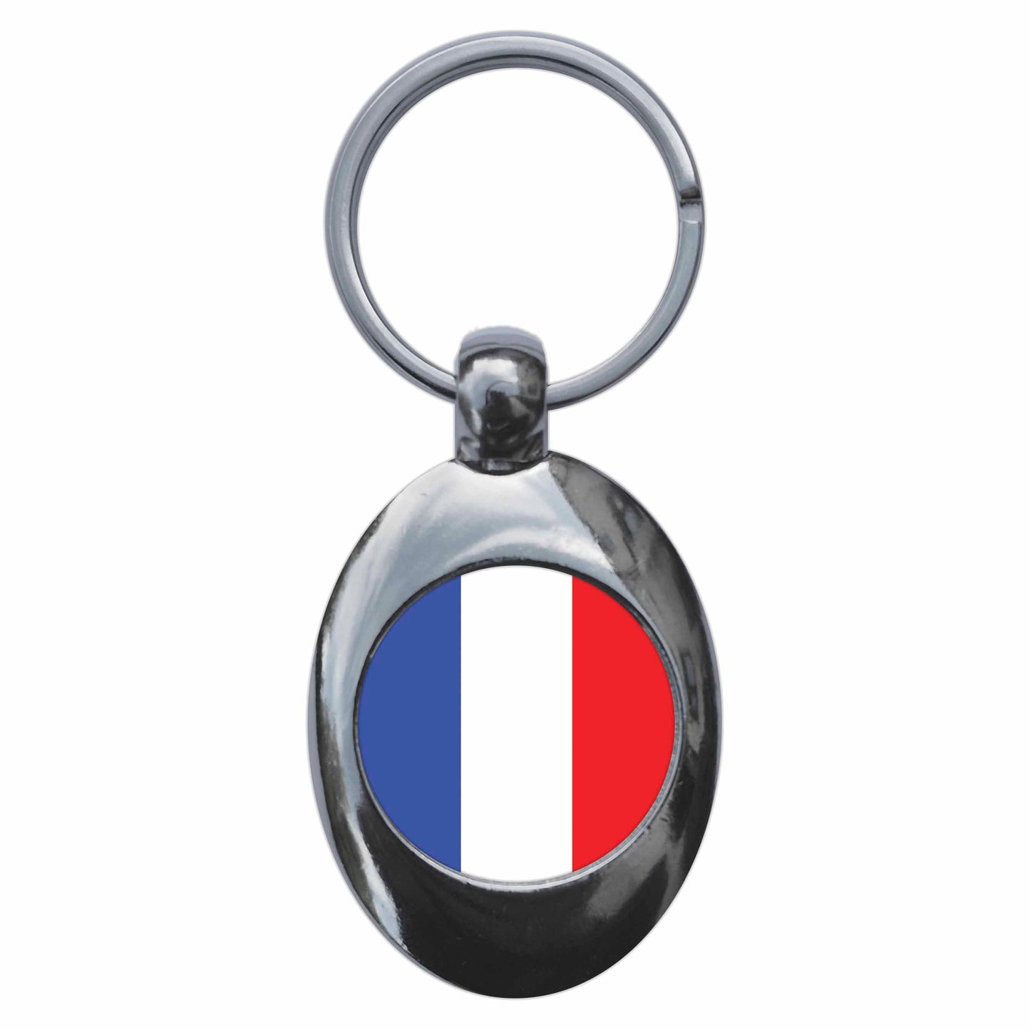 A picture of the front of the product, titled France French National Flag Metal Keyring With Trolley Coin