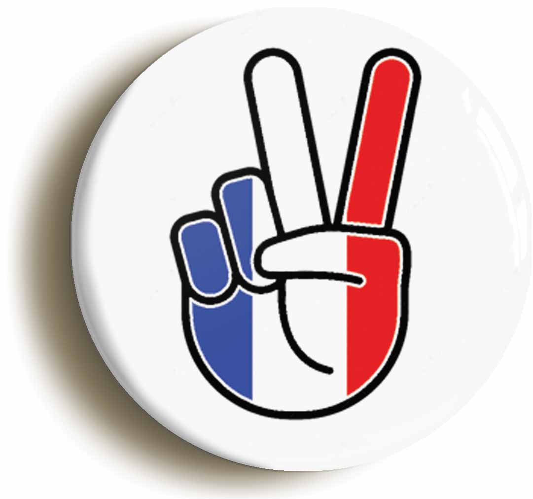 A picture of the front of the product, titled France French National Flag Peace Sign V Button Pin Badge