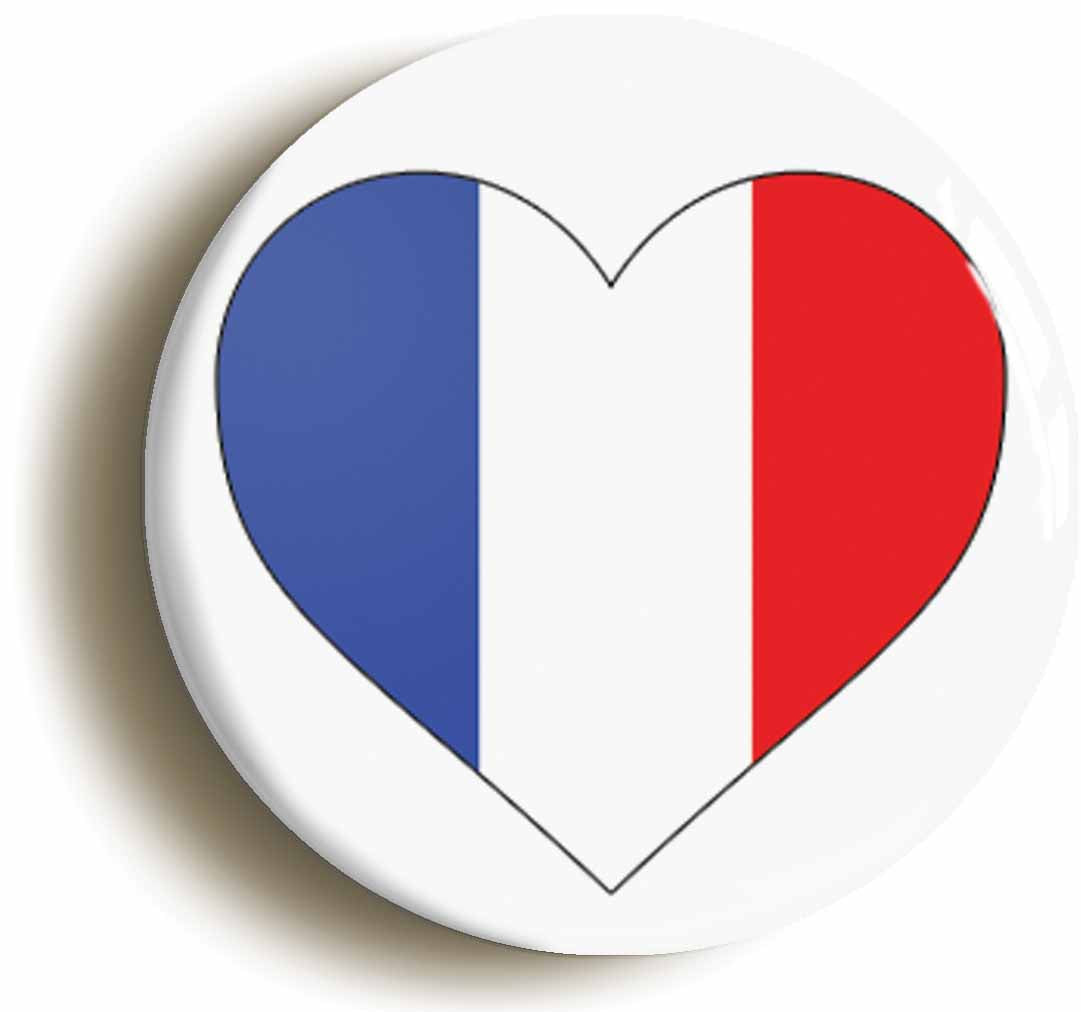 A picture of the front of the product, titled France French Flag Heart Button Pin Badge