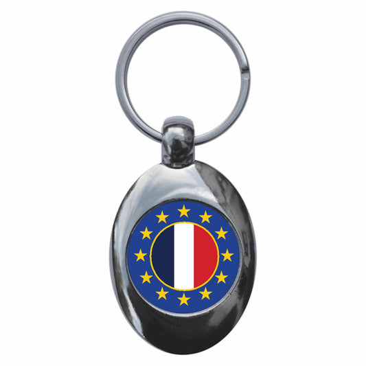 A picture of the front of the product, titled France European Union Split Flag Metal Keyring With Trolley Coin