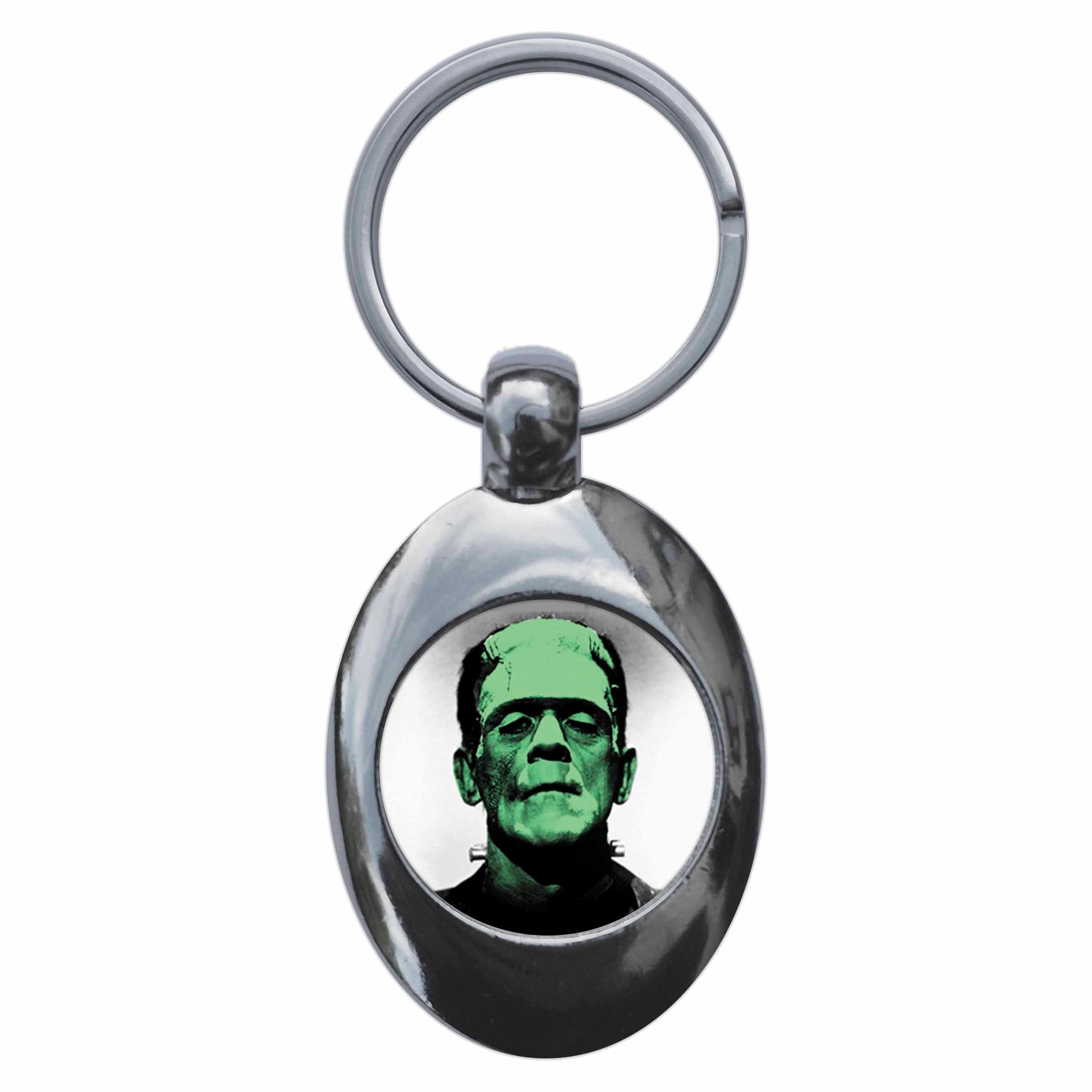 A picture of the front of the product, titled Frankenstein's Monster Metal Keyring With Trolley Coin