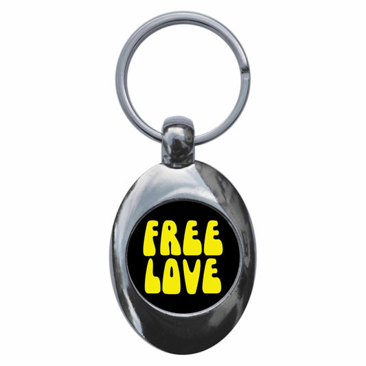 A picture of the front of the product, titled Free Love Metal Keyring With Trolley Coin
