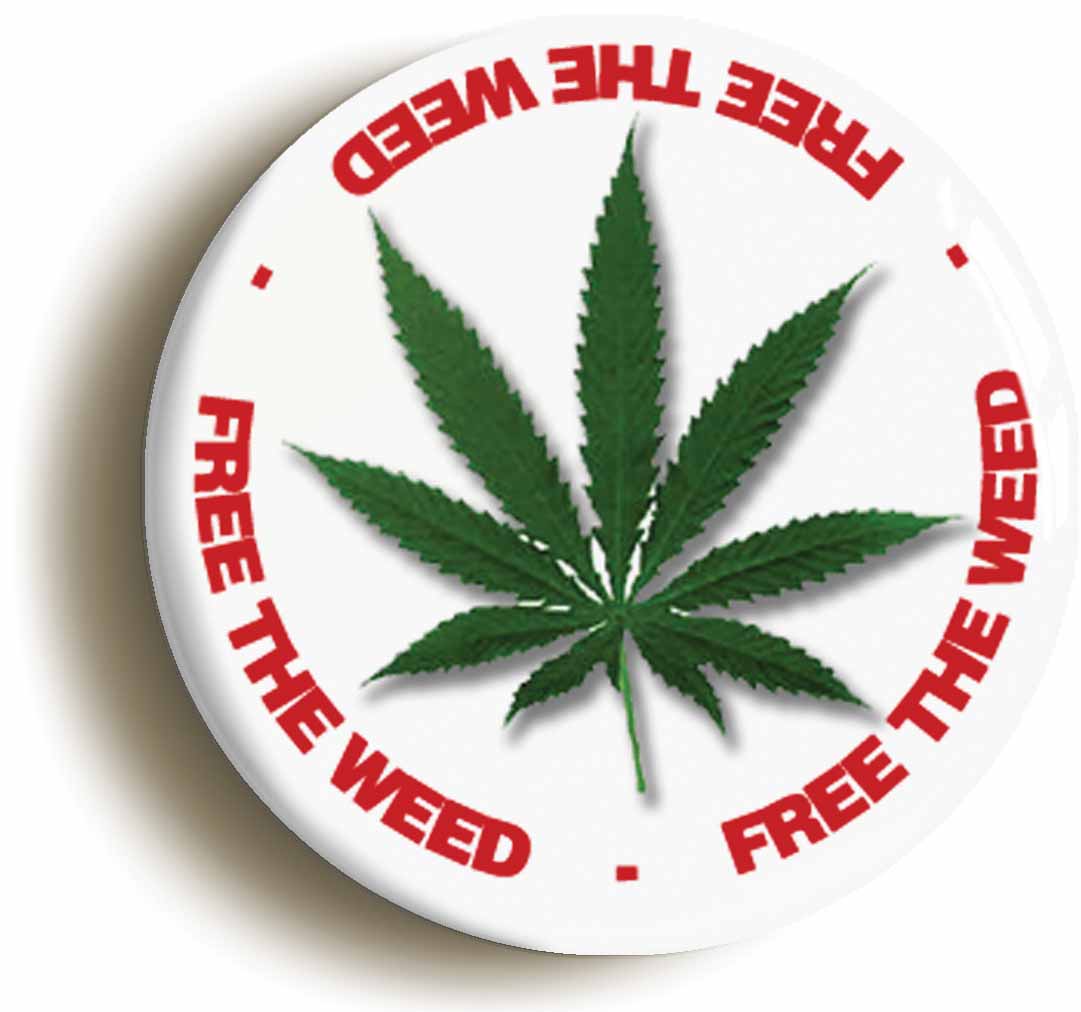 A picture of the front of the product, titled Free The Weed Retro Hippie Sixties Rasta Button Pin Badge