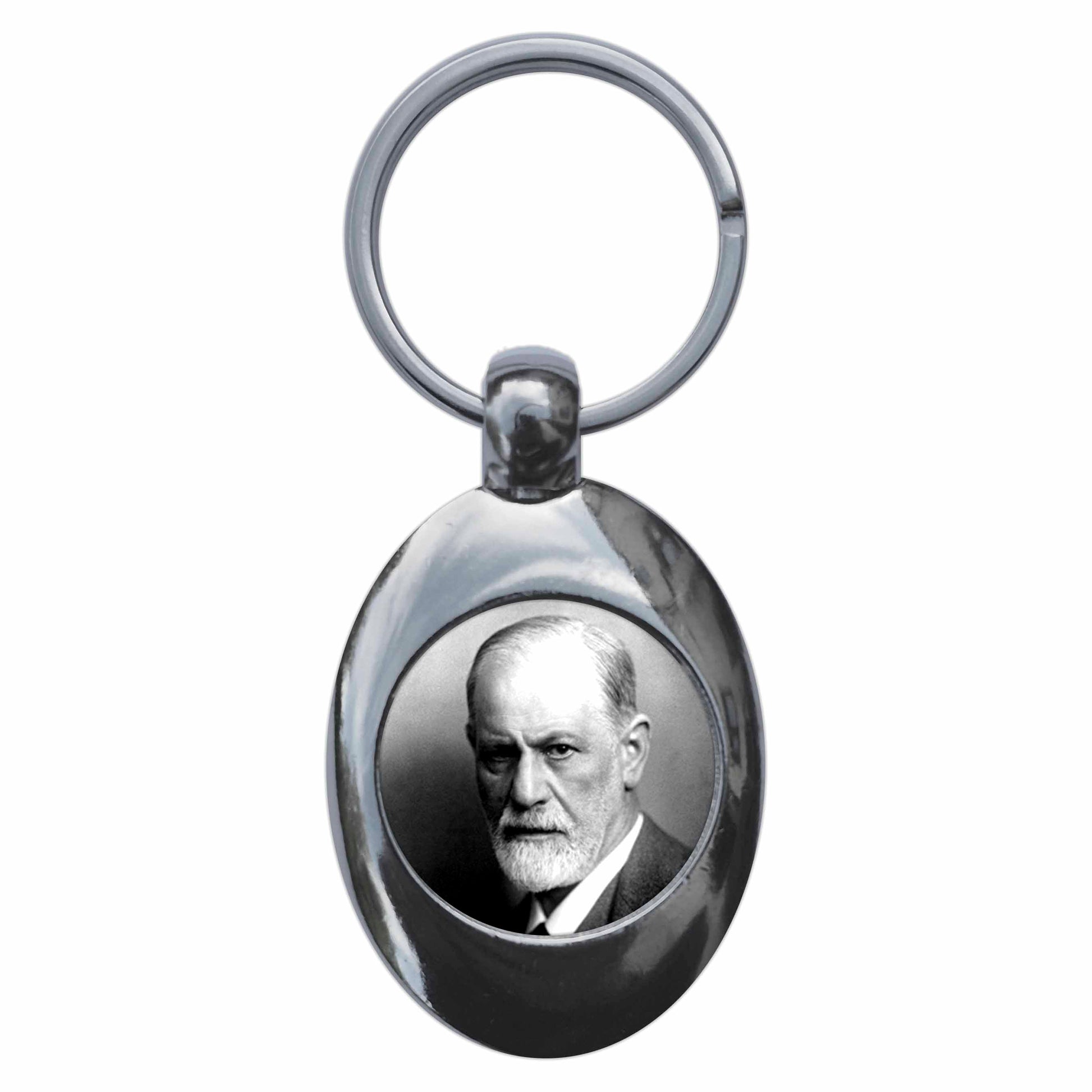 A picture of the front of the product, titled Sigmund Freud Metal Keyring With Trolley Coin