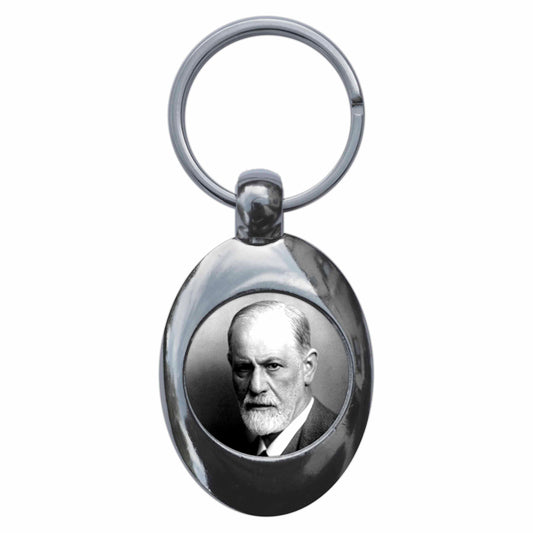 A picture of the front of the product, titled Sigmund Freud Metal Keyring With Trolley Coin