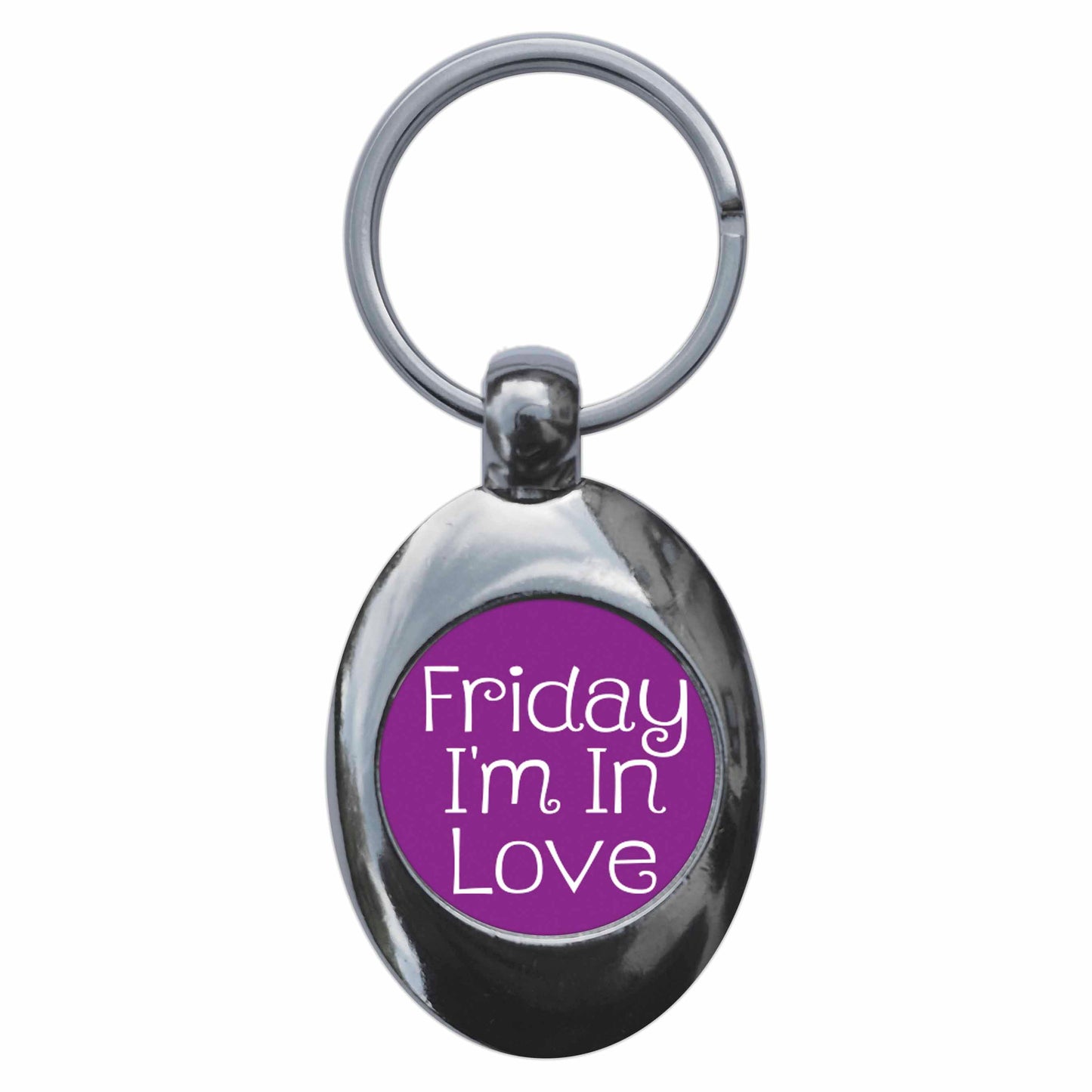 A picture of the front of the product, titled Friday I'm In Love Metal Keyring With Trolley Coin