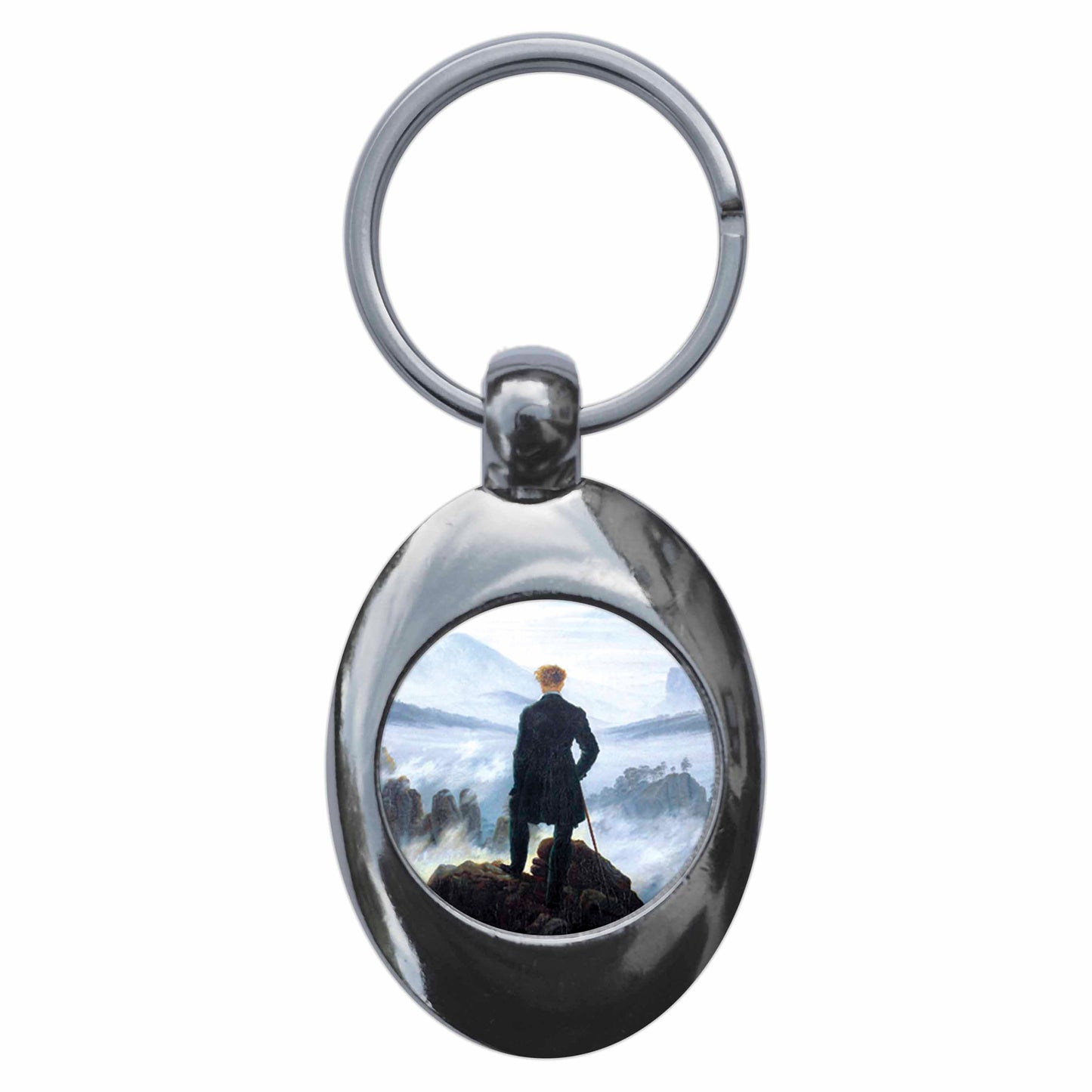 A picture of the front of the product, titled Caspar David Friedrich Wanderer Above The Sea Of Fog Metal Keyring With Trolley Coin