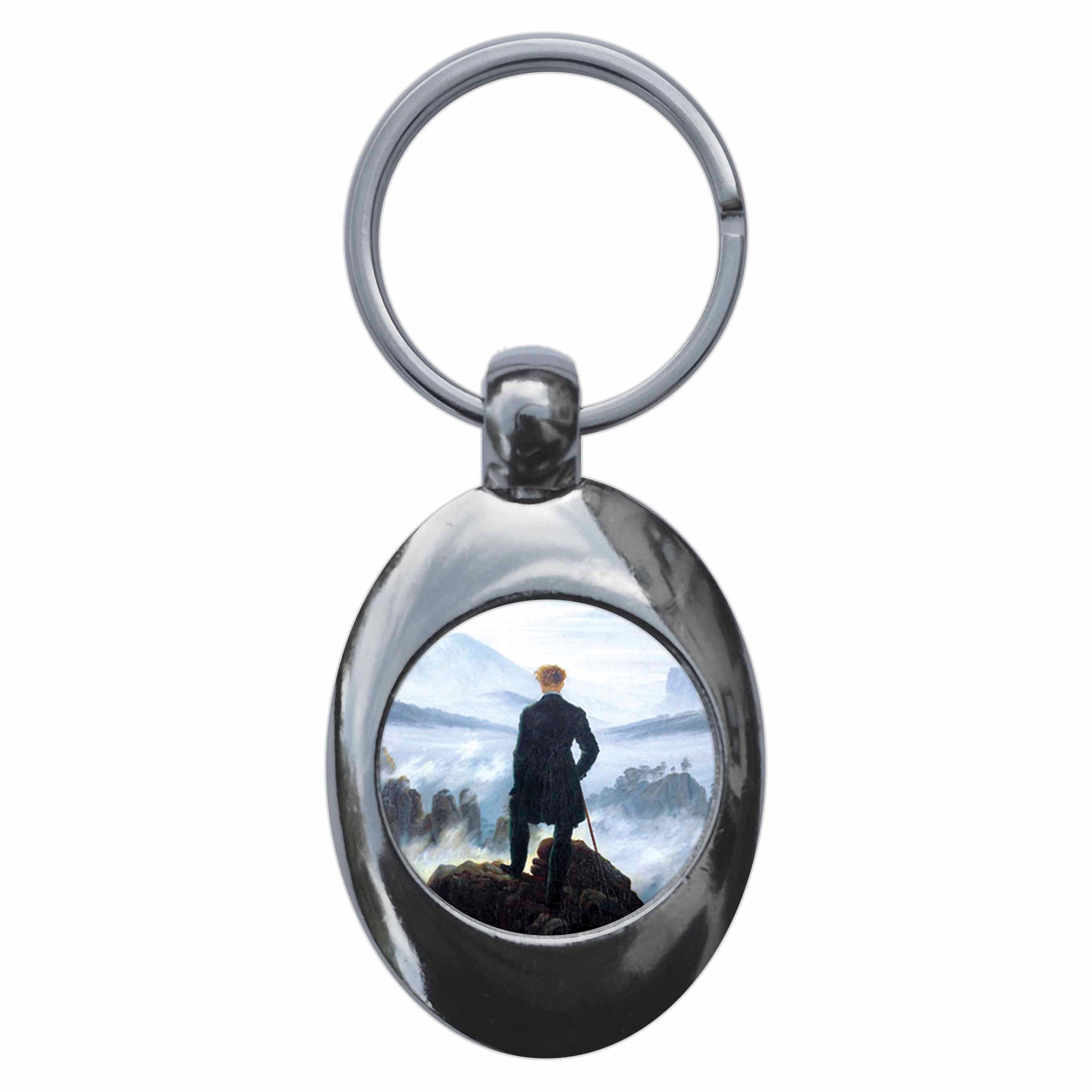 A picture of the front of the product, titled Caspar David Friedrich Wanderer Above The Sea Of Fog Metal Keyring With Trolley Coin