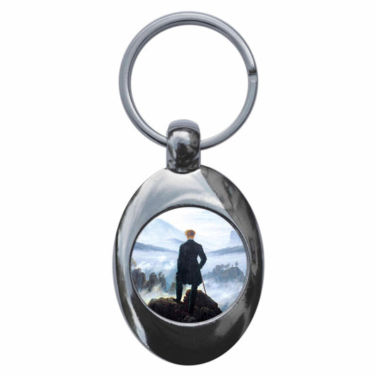 A picture of the front of the product, titled Caspar David Friedrich Wanderer Above The Sea Of Fog Metal Keyring With Trolley Coin