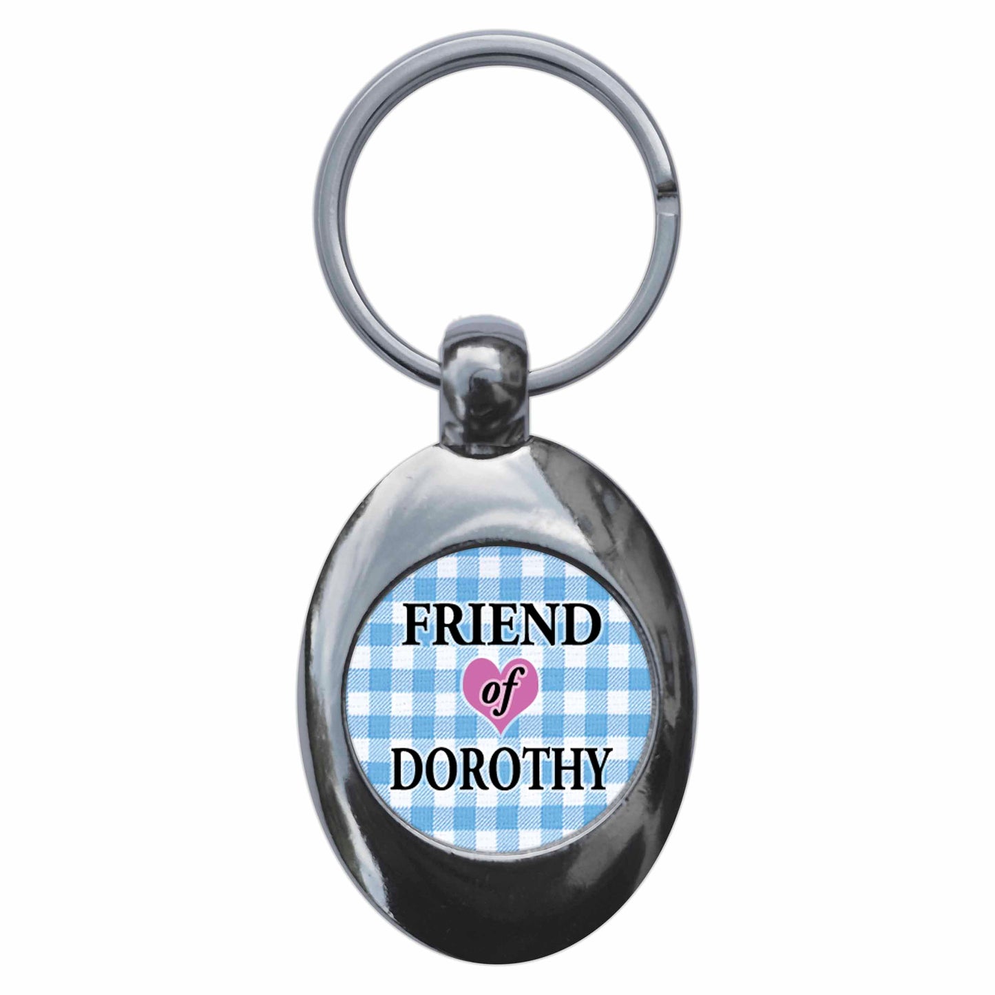 A picture of the front of the product, titled Friend Of Dorothy Wizard Of Oz Metal Keyring With Trolley Coin