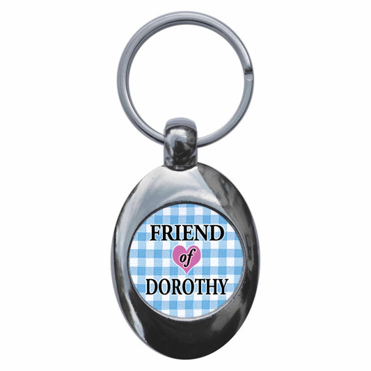 A picture of the front of the product, titled Friend Of Dorothy Wizard Of Oz Metal Keyring With Trolley Coin