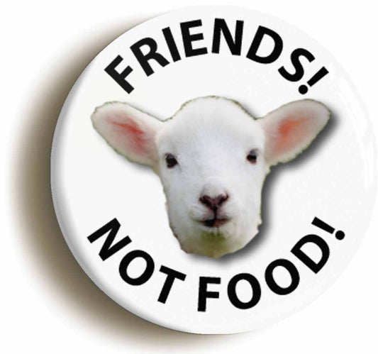 A picture of the front of the product, titled Friends Not Food Lamb Vegetarian Button Pin Badge