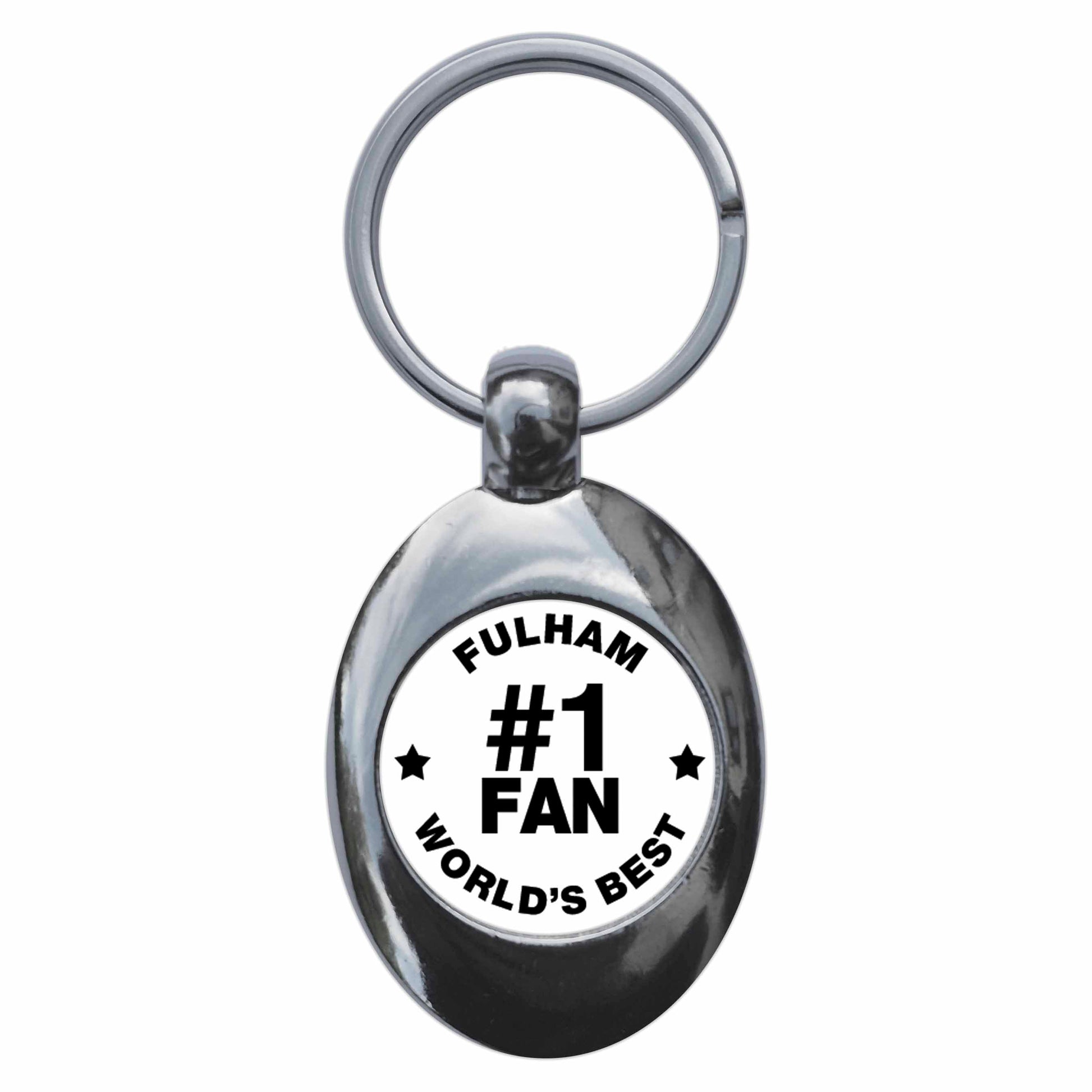 A picture of the front of the product, titled Fulham #1 Fan Metal Keyring With Trolley Coin