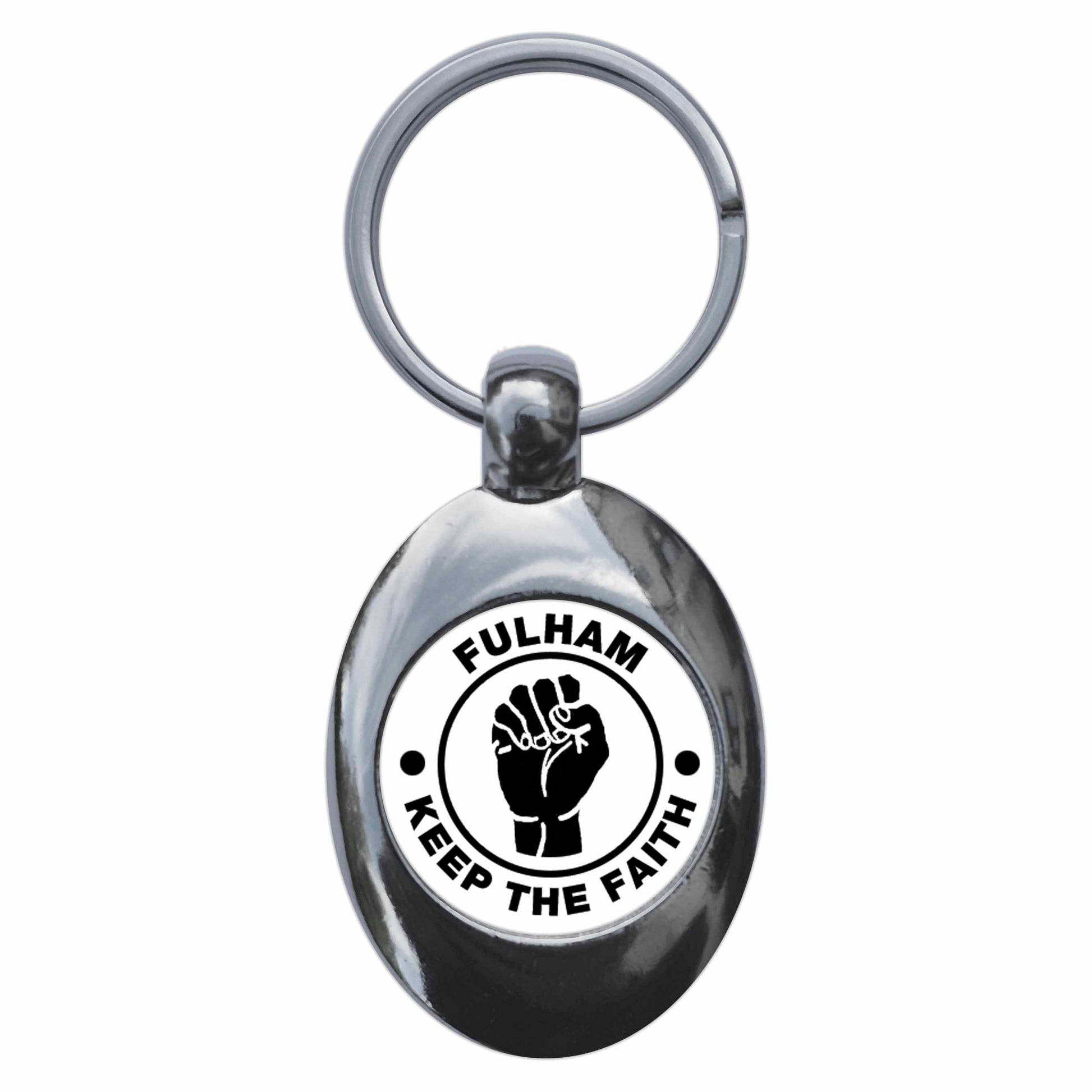 A picture of the front of the product, titled Fulham Keep The Faith Northern Soul Metal Keyring With Trolley Coin