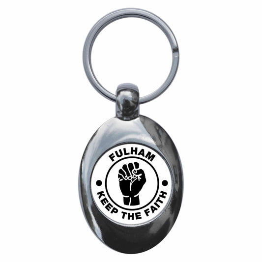 A picture of the front of the product, titled Fulham Keep The Faith Northern Soul Metal Keyring With Trolley Coin