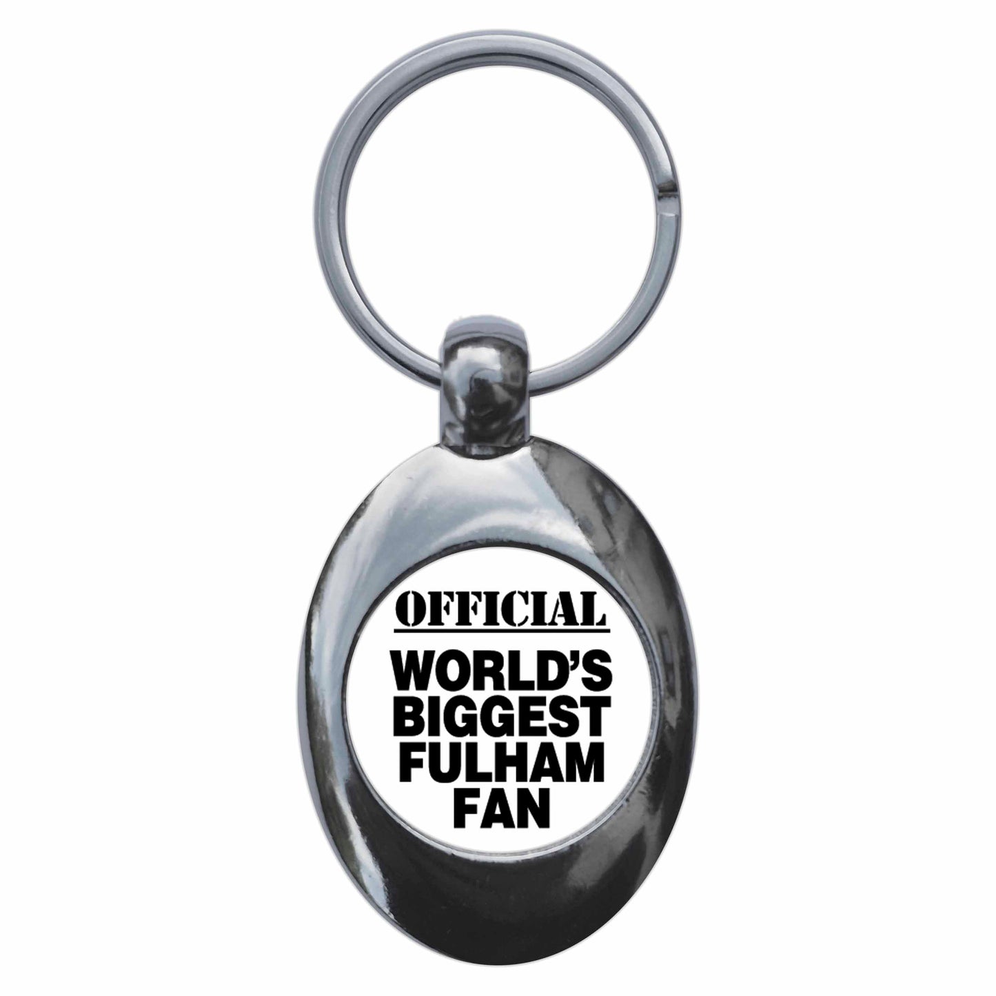A picture of the front of the product, titled World's Biggest Fulham Fan Metal Keyring With Trolley Coin