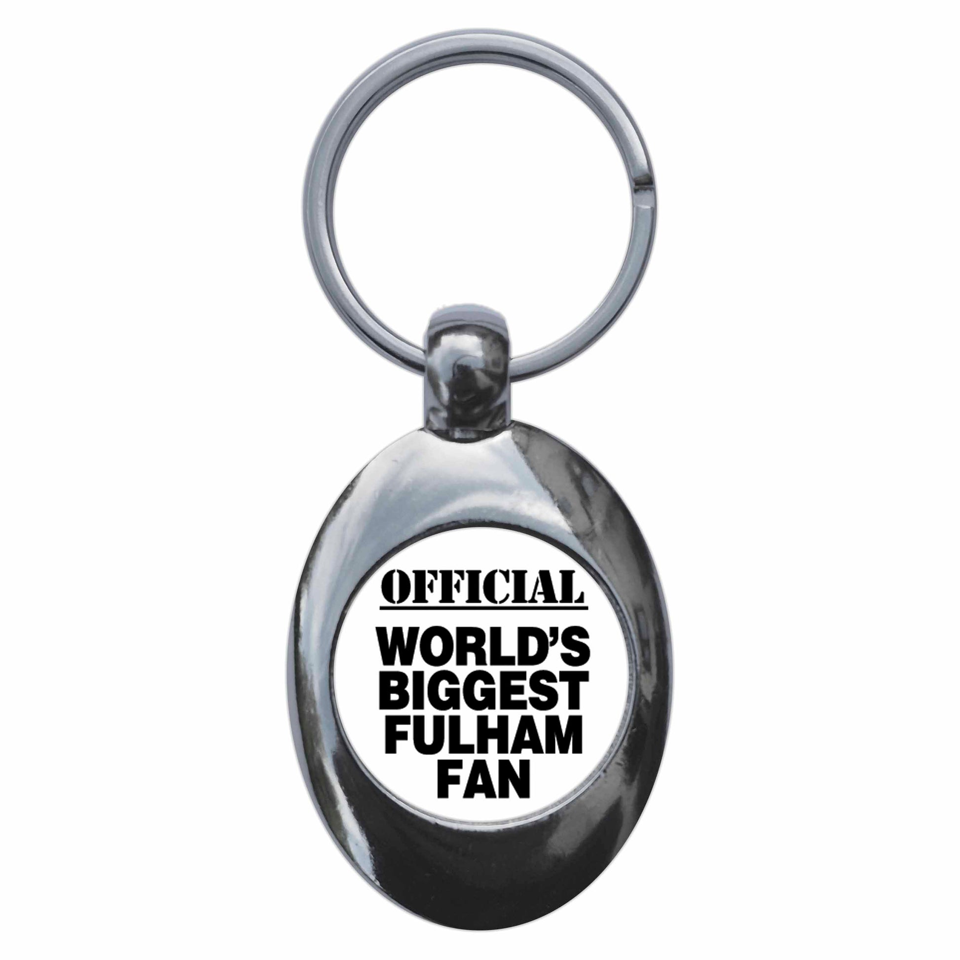 A picture of the front of the product, titled World's Biggest Fulham Fan Metal Keyring With Trolley Coin