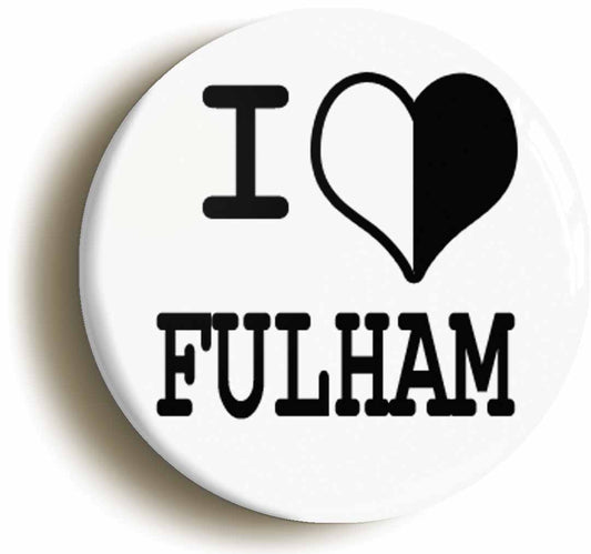 A picture of the front of the product, titled I Heart Love Fulham Button Pin Badge