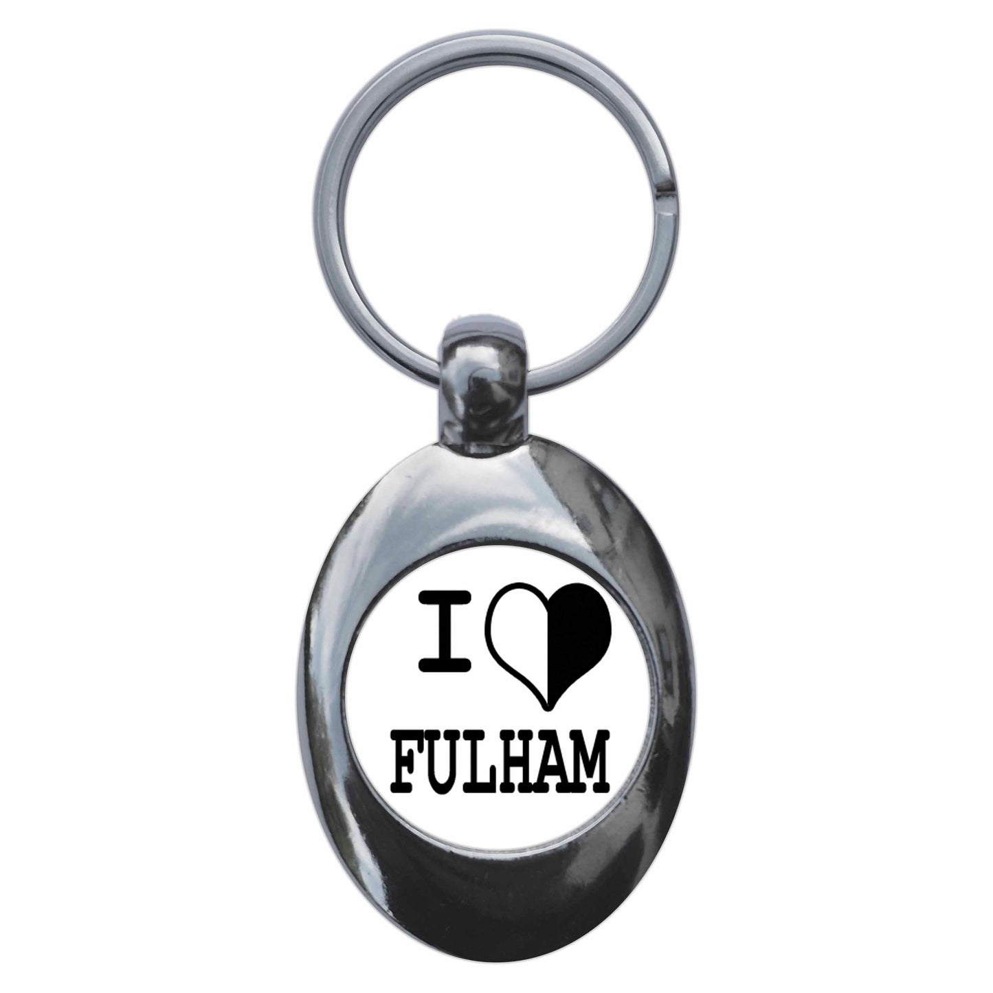 A picture of the front of the product, titled I Heart Love Fulham Metal Keyring With Trolley Coin