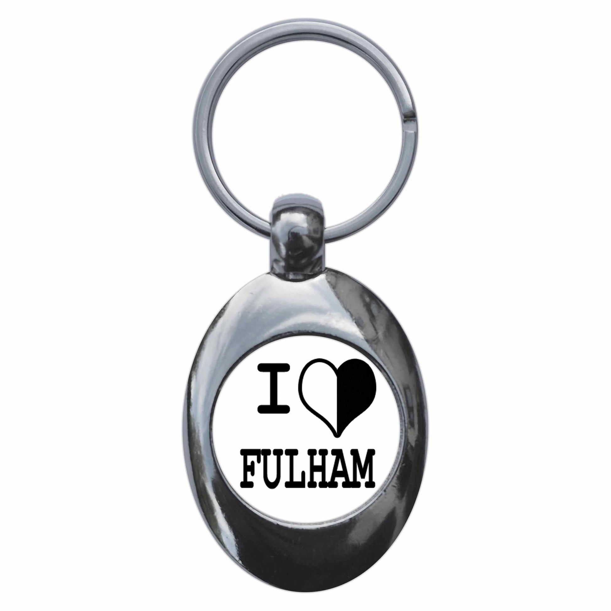 A picture of the front of the product, titled I Heart Love Fulham Metal Keyring With Trolley Coin