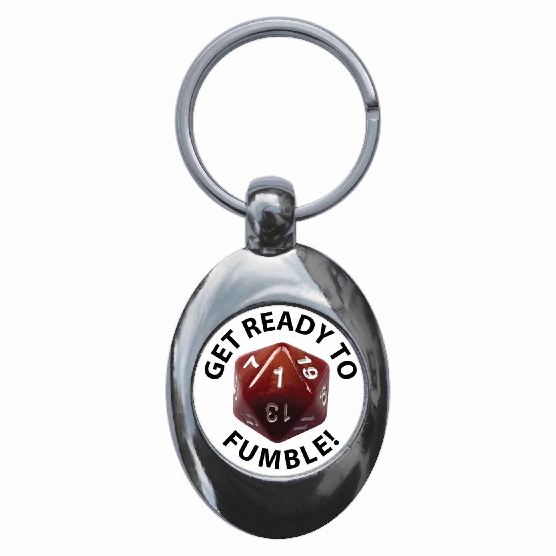 A picture of the front of the product, titled Get Ready To Fumble Funny RPG D20 Metal Keyring With Trolley Coin