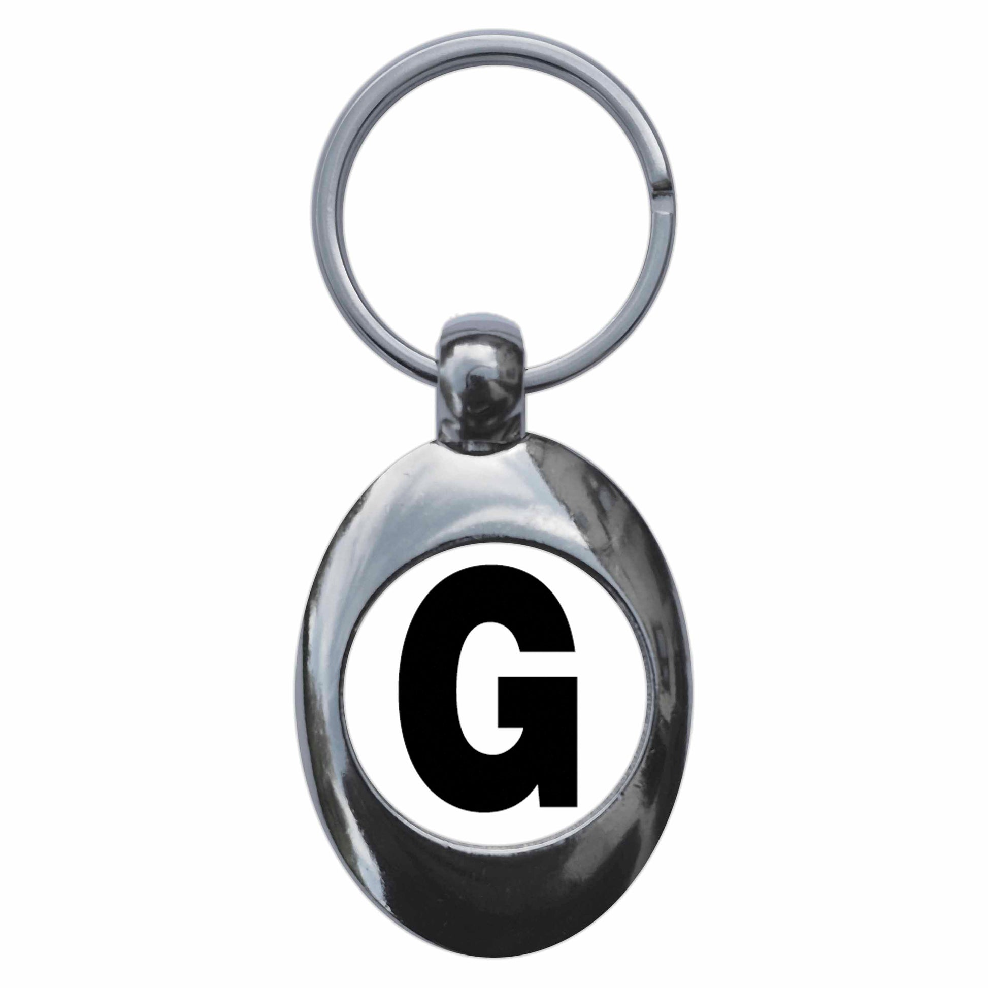 A picture of the front of the product, titled Letter G Metal Keyring With Trolley Coin