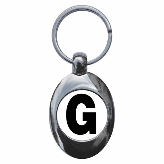 A picture of the front of the product, titled Letter G Metal Keyring With Trolley Coin
