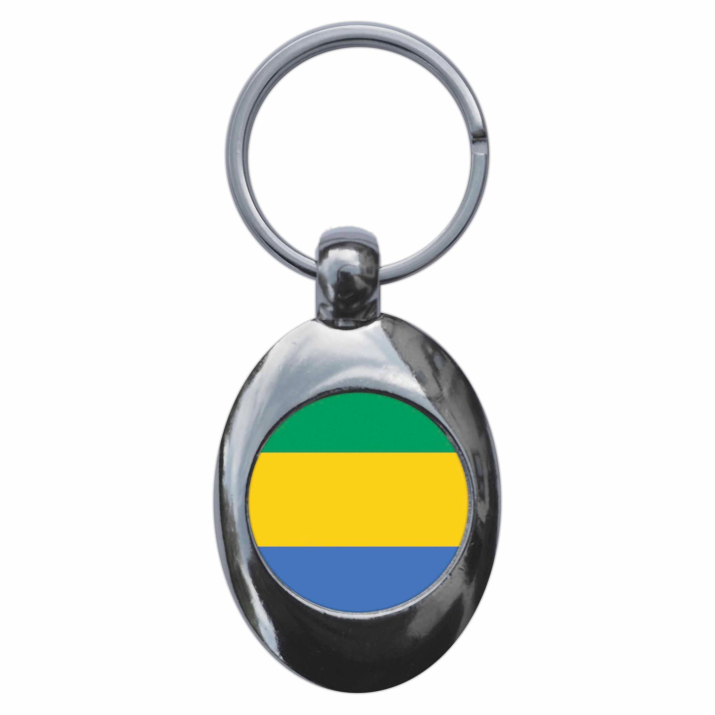 A picture of the front of the product, titled Gabon Gabonese National Flag Metal Keyring With Trolley Coin