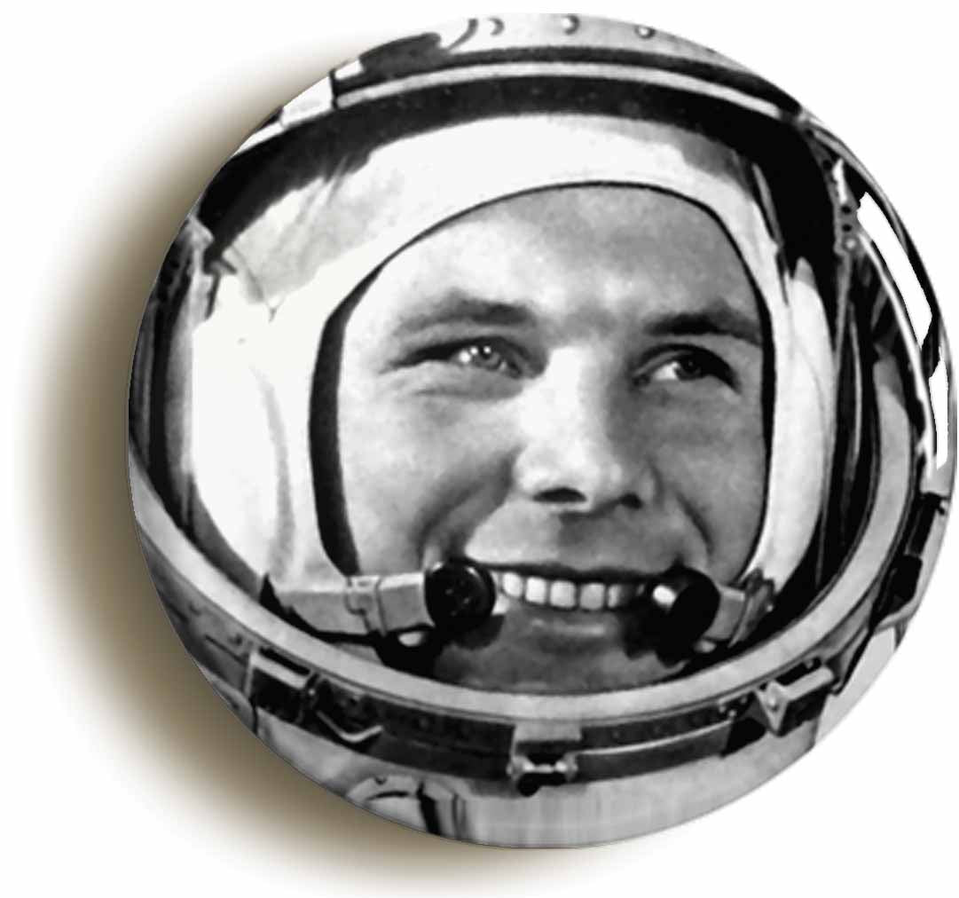 A picture of the front of the product, titled Yuri Gagarin Soviet Cosmonaut Button Pin Badge