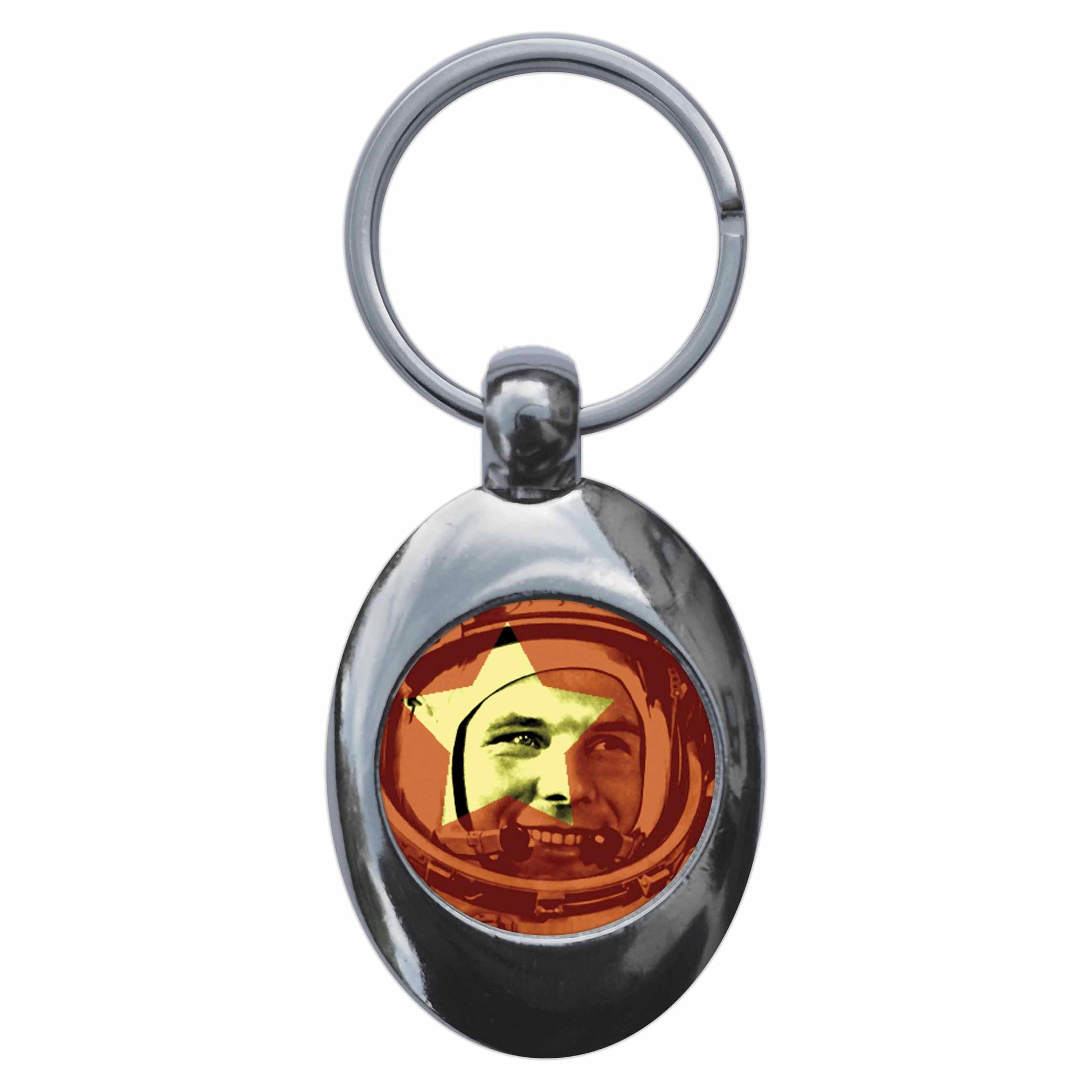 A picture of the front of the product, titled Uri Gagarin Metal Keyring With Trolley Coin