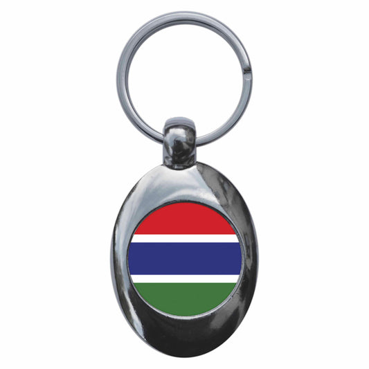 A picture of the front of the product, titled Gambia Gambian National Flag Metal Keyring With Trolley Coin