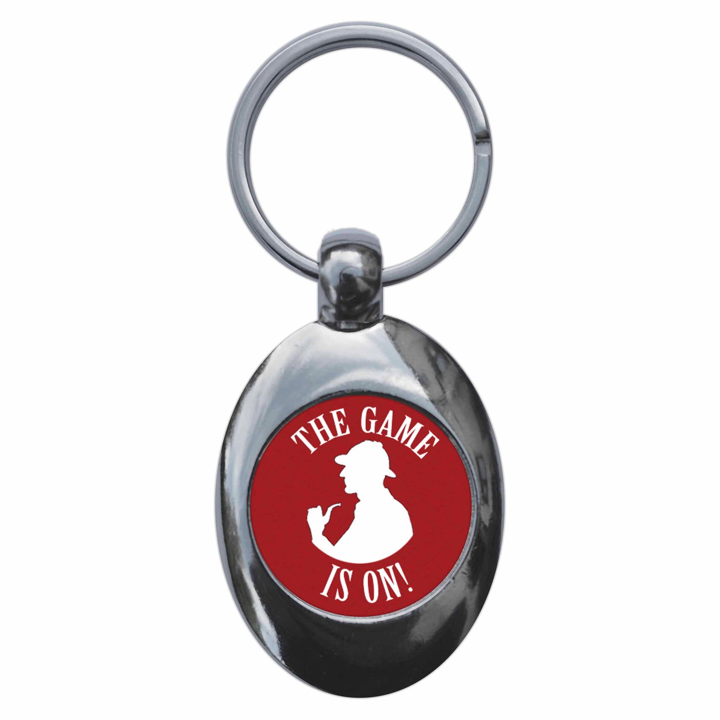 A picture of the front of the product, titled Sherlock Holmes The Game Is On Metal Keyring With Trolley Coin
