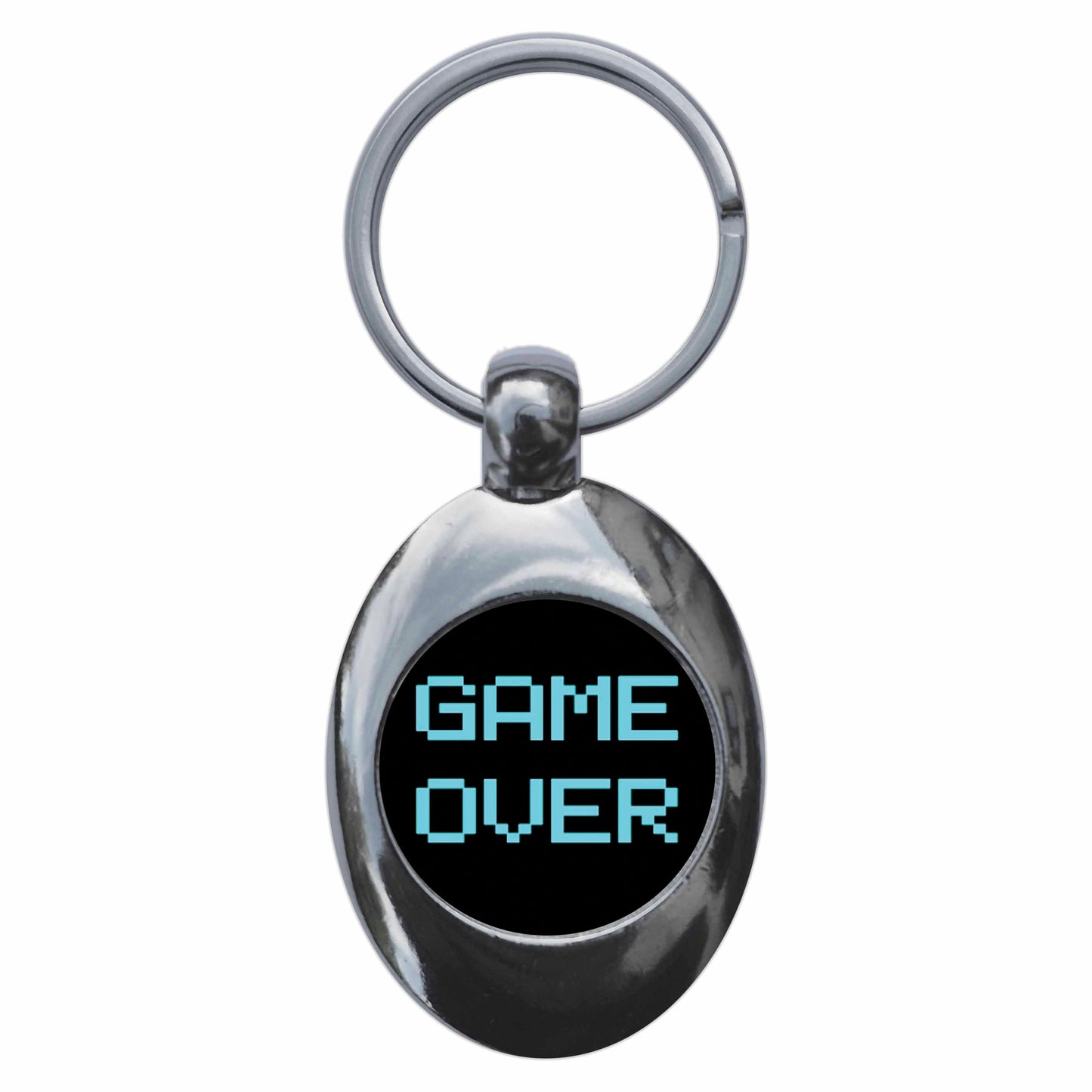 A picture of the front of the product, titled Game Over Metal Keyring With Trolley Coin