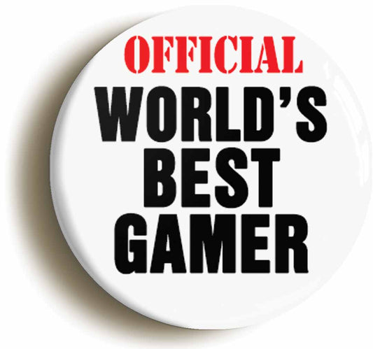 A picture of the front of the product, titled Official Worlds Best Gamer Funny Button Pin Badge