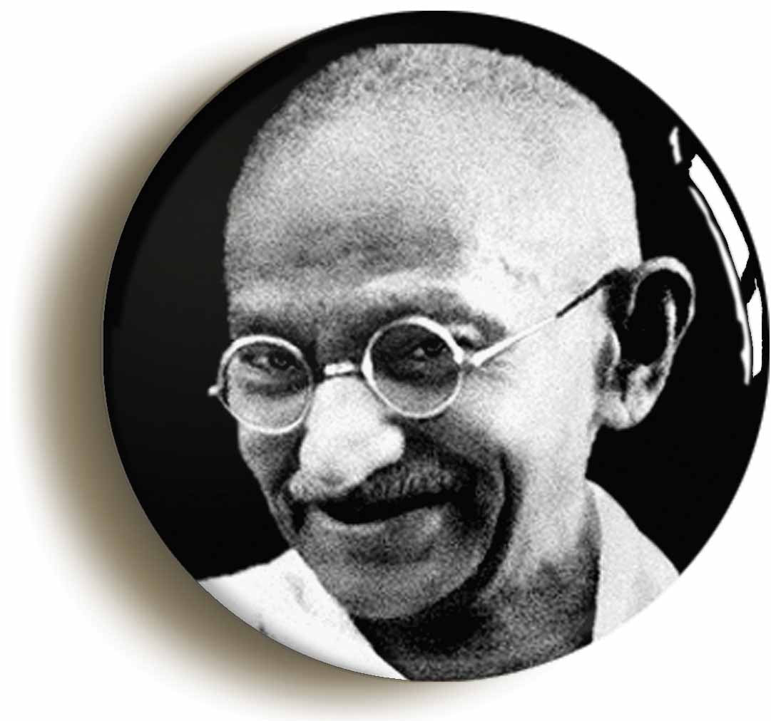 A picture of the front of the product, titled Mahatma Gandhi India Peace Indian Button Pin Badge