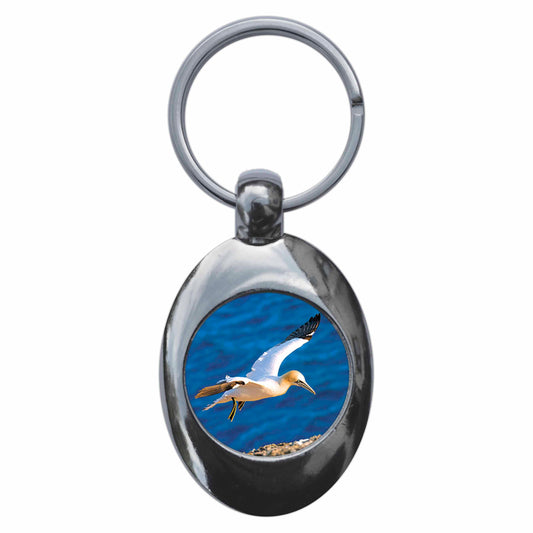A picture of the front of the product, titled Gannett Metal Keyring With Trolley Coin