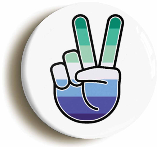 A picture of the front of the product, titled Gay Male Pride Flag Peace Sign V Button Pin Badge