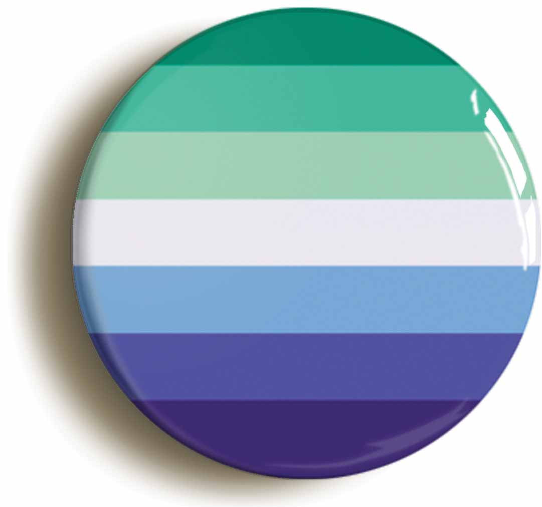 A picture of the front of the product, titled Gay Male Pride Flag Button Pin Badge