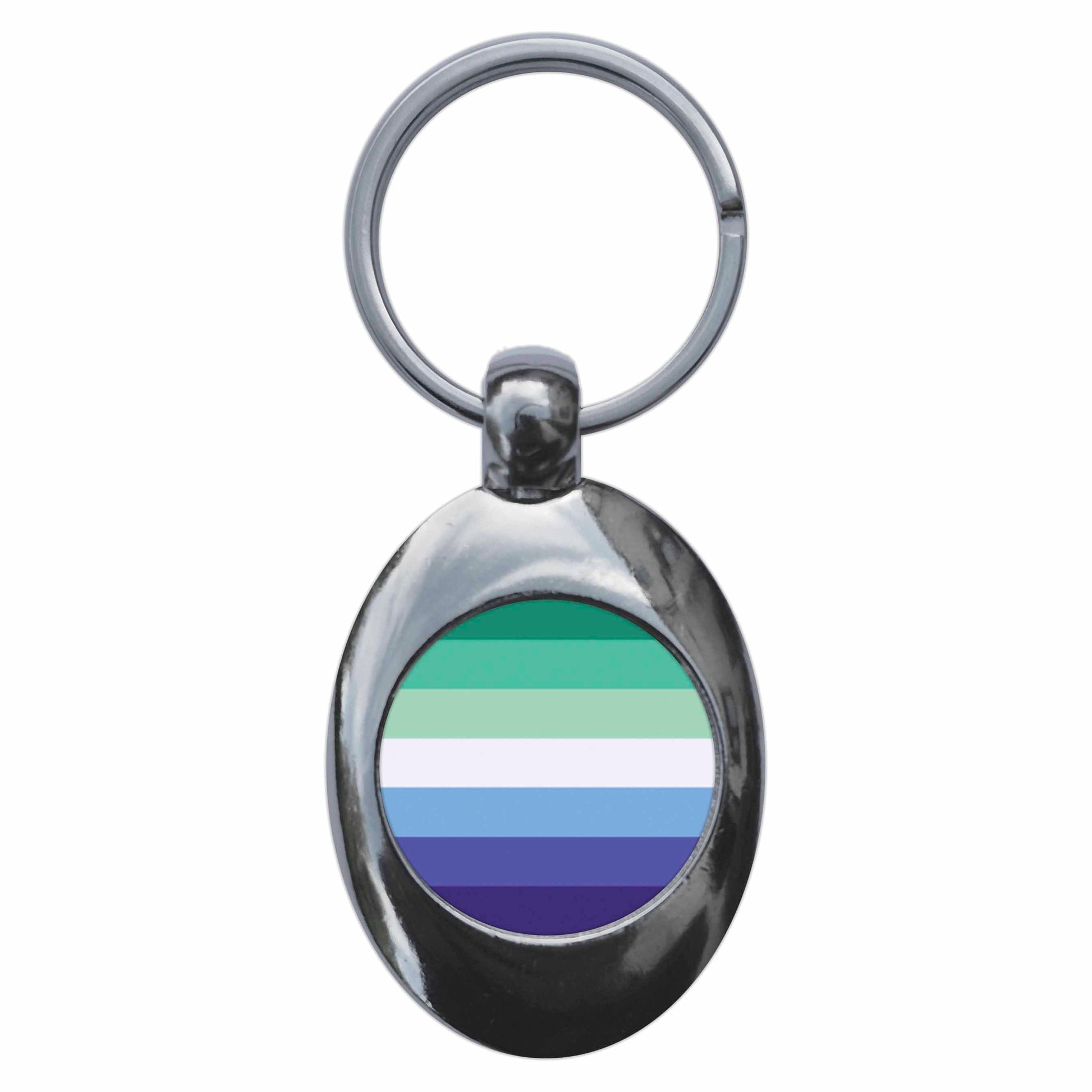 A picture of the front of the product, titled Gay Male Pride Flag Metal Keyring With Trolley Coin